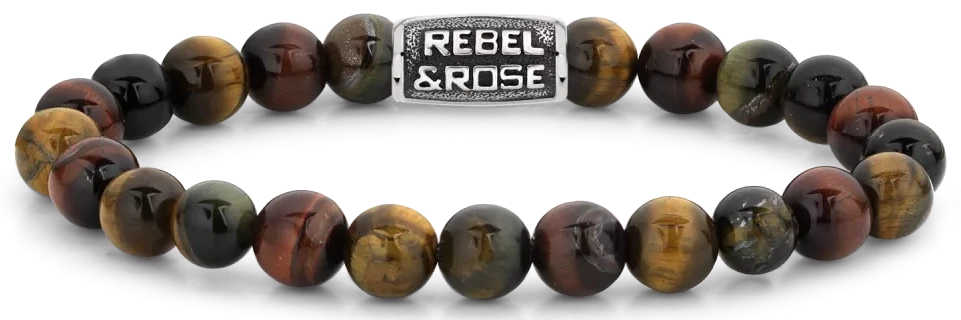 Bracelet made of 8mm gemstone tiger's eye with metal clasp - Rebel&Rose Model: RR-80095-V-L