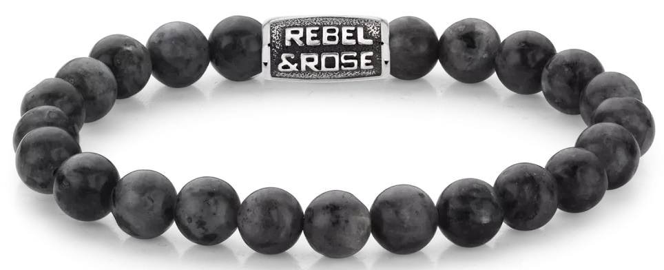 Bracelet made of 8mm black Larvikite gemstones with black steel clasp - Rebel&Rose Model: RR-80097-V-L