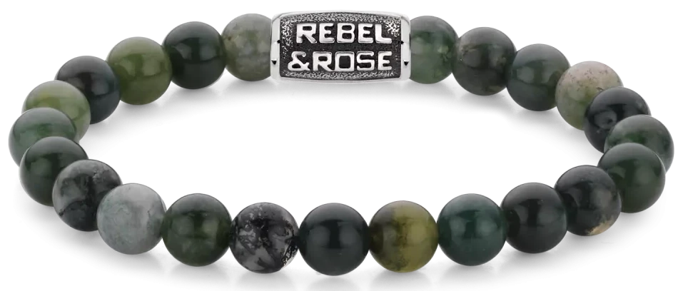 Bracelet made of 8mm dark green moss agate gemstones with dark green steel clasp - Rebel&Rose Model: RR-80098-V-L