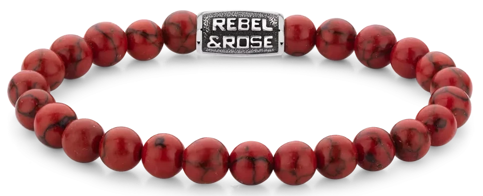 Bracelet made of 8mm red gemstones with a grey stainless steel clasp - Rebel&Rose Model: RR-80099-V-M