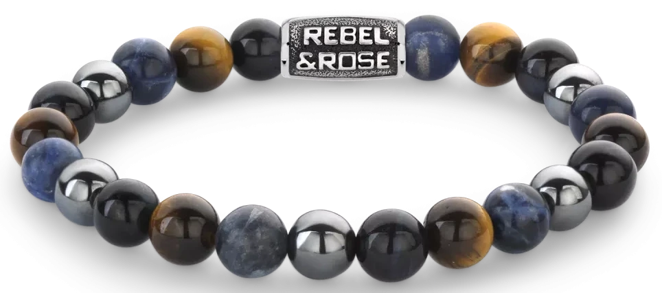Bracelet made of 8mm Sodalite, yellow Tiger's Eye, blue Tiger's Eye and grey Hematite gemstones with a grey stainless steel clasp - Rebel&Rose Model: RR-80100-V-M