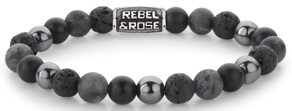 Bracelet made of 8mm black onyx, lava, larvikite and hematite stones with a grey stainless steel clasp - Rebel&Rose Model: RR-80105-V-M