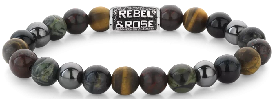 Bracelet made of 8mm stones in blue tiger's eye, yellow tiger's eye, brecciated jasper, rhyolite and hematite gray with gray stainless steel clasp - Rebel&Rose Model: RR-80106-V-L