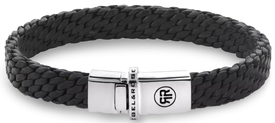 Bracelet made of 9.2mm thick, black, braided leather cords (each cord is 2mm thick), with a silver clasp - Rebel&Rose Model: RR-L0161-S-L