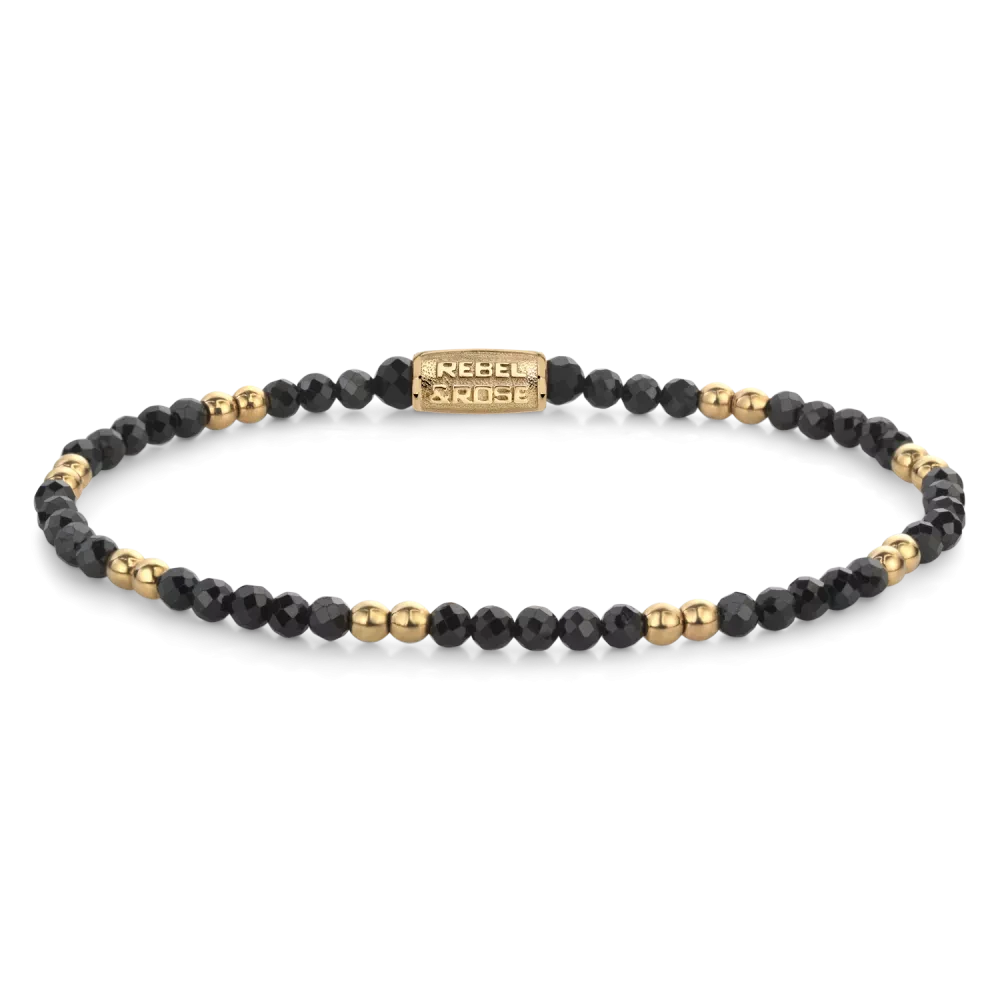 Bracelet made of black and gold-colored gemstones with stainless steel clasp - Rebel&Rose Model: RR-30004-G-S