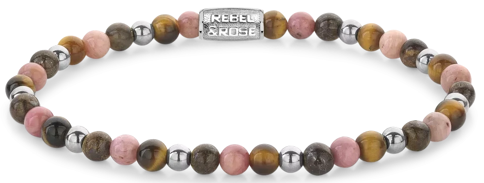 Bracelet made of 4 mm stones (hematite, tiger's eye, rhodochrosite and bronzite) with stainless steel clasp - Rebel&Rose Model: RR-40128-S-S