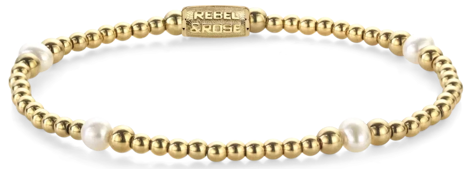 Bracelet made of 4mm genuine freshwater pearls, 3 and 4mm gold-plated stainless steel beads, and stainless steel clasp - Rebel&Rose Model: RR-40136-G-S