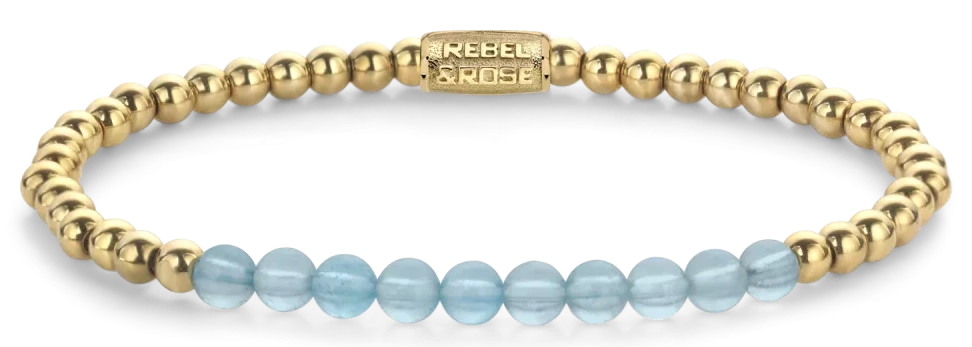 Bracelet made of 4mm genuine aquamarine beads, 4mm gold-plated stainless steel beads, and stainless steel clasp - Rebel&Rose Model: RR-40137-G-M