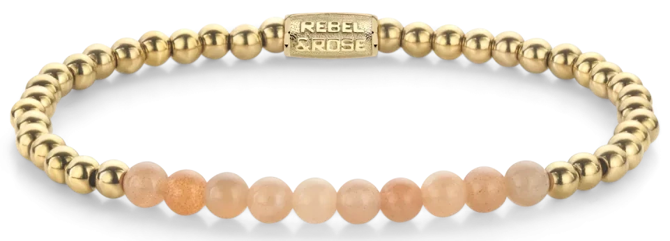 Bracelet made of 4mm genuine sunstone beads, 4mm gold-plated stainless steel beads, and a stainless steel clasp - Rebel&Rose model: RR-40139-G-S