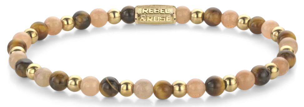 Bracelet made of 4mm beads (tiger's eye, sunstone, gold-colored stones) and stainless steel clasp - Rebel&Rose Model: RR-40140-G-S