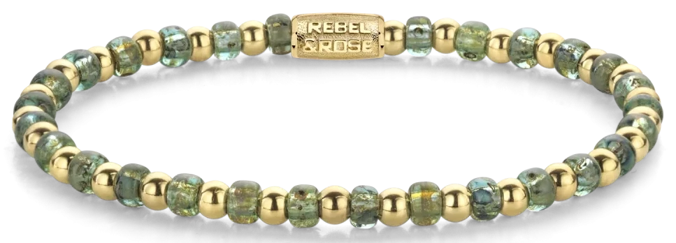 Bracelet made of 4mm green glass beads, gold-plated stainless steel beads, and stainless steel clasp - Rebel&Rose Model: RR-40145-G-M