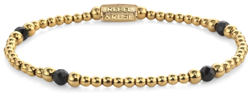 Bracelet made of 4mm faceted Black Spinel beads, 3 and 4mm gold-plated stainless steel beads and stainless steel clasp - Rebel&Rose Model: RR-40151-G-M