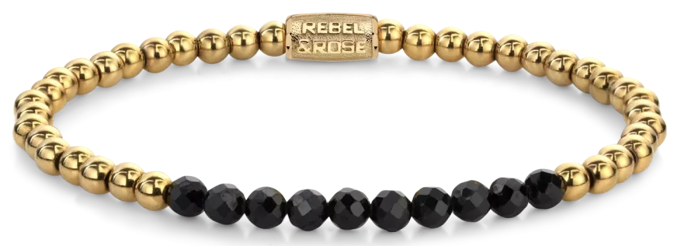Bracelet made of 4mm faceted black spinel beads, gold-plated stainless steel beads, and stainless steel clasp - Rebel&Rose Model: RR-40152-G-S