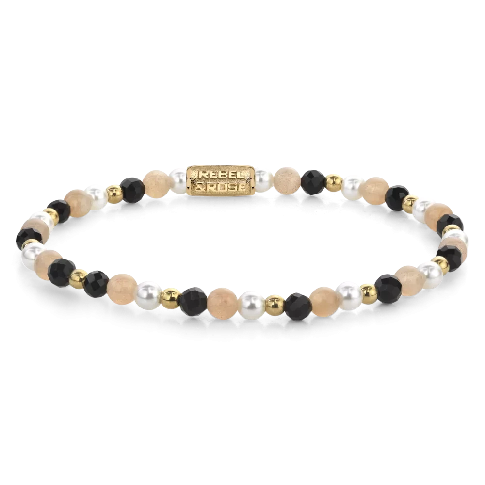 Bracelet made of 4mm stones (black spinel, shell pearl, sunstone, gold-colored stones) and stainless steel clasp - Rebel&Rose Model: RR-40154-G-S