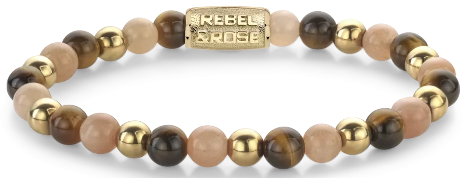 Bracelet made of 6mm (tiger's eye, sunstone, gold-colored beads) with gold-plated stainless steel clasp - Rebel&Rose Model: RR-60129-G-M