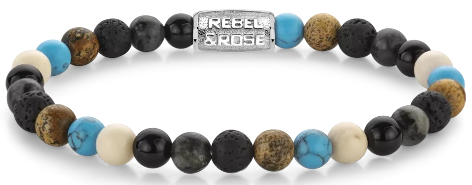 Bracelet made of 6mm gemstones (agate, larvikite, lava stone, picture jasper, turquenite). Gemstones with grey stainless steel clasp - Rebel&Rose Model: RR-60131-S-M