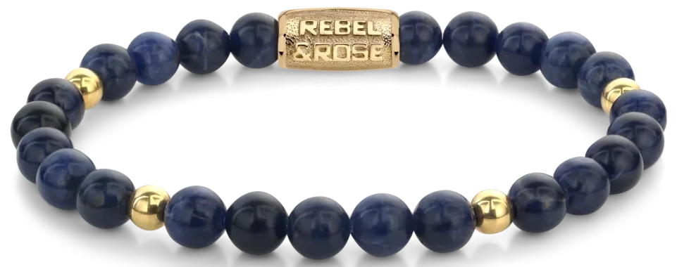 Bracelet made of 6mm blue Sodalite gemstones with a gold-plated stainless steel clasp - Rebel&Rose Model: RR-60137-G-S