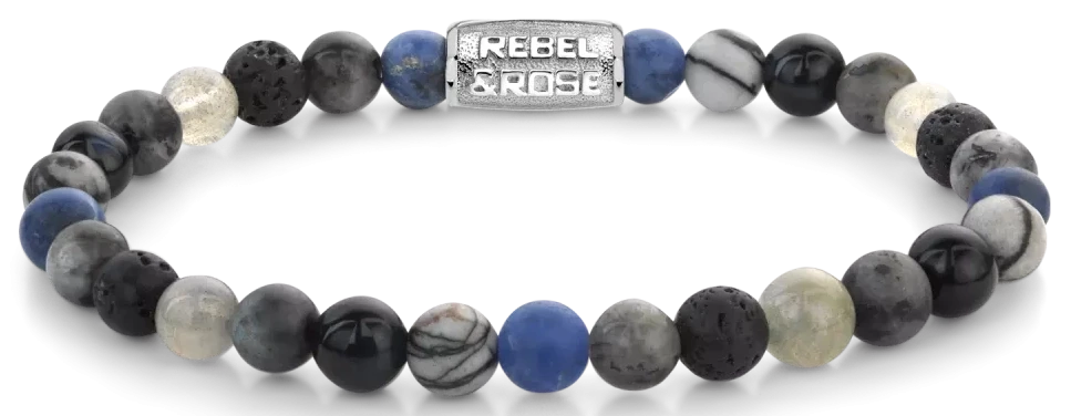 Bracelet made of 6mm sodalite blue, agate, tiger's eye blue, larva kit grey, labradorite, and lava stones with stainless steel clasp - Rebel&Rose Model: RR-60142-S-M