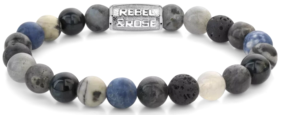 Bracelet made of 8mm Sodalite Blue, Agate, Tiger Eye Blue, Larvikite Grey, Labradorite and Lava stones with metal clasp - Rebel&Rose Model: RR-80114-S-L