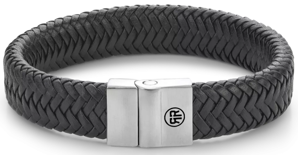 Bracelet made of 15mm thick, black leather with stainless steel clasp - Rebel&Rose Model: RR-M0032-S-L