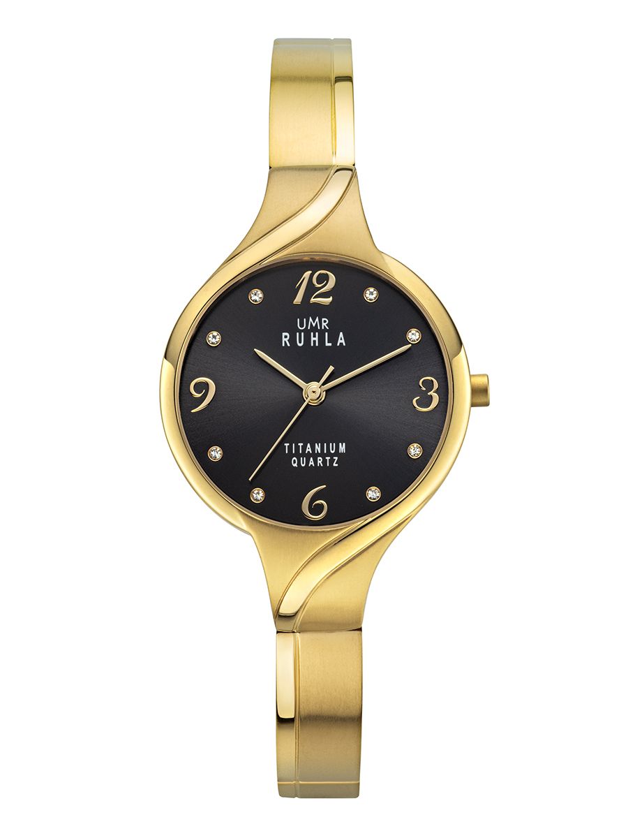 UMR Ruhla RUHLA-Style RS42444 Armbanduhr Schwarz-Gold • Titan-Halbspangenband • Swarovski Steinchen
