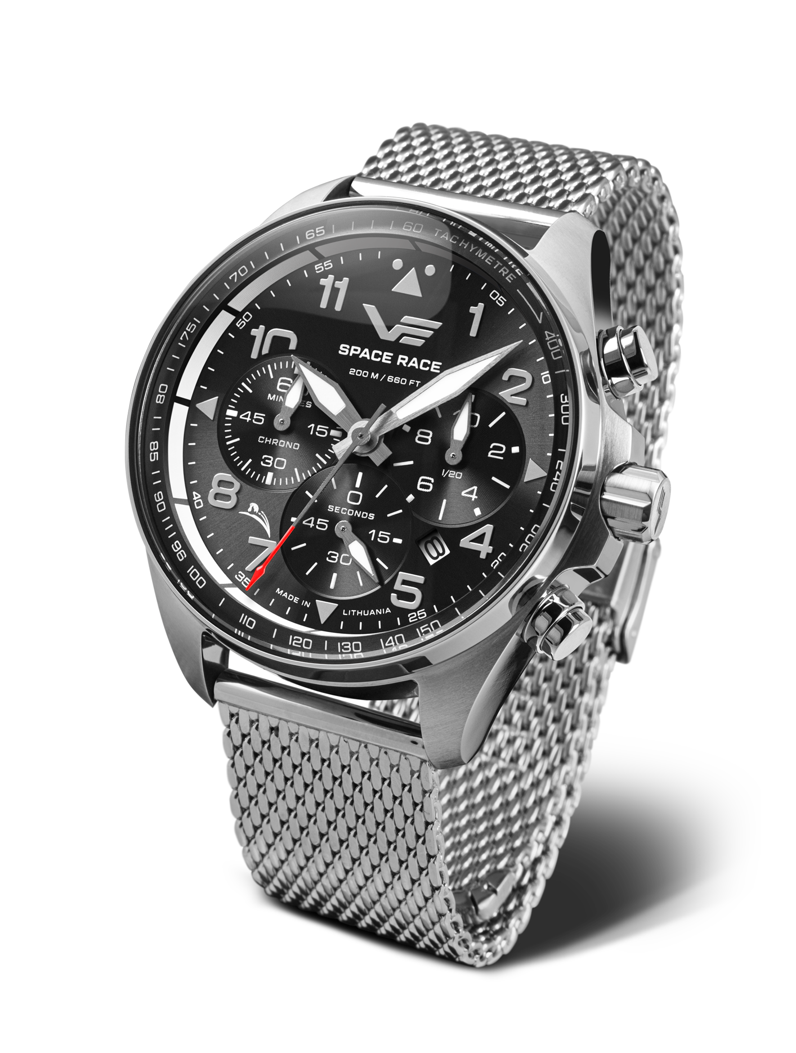 Vostok Europe Space Race Herrenuhr mit schwarzem Zifferblatt und Metall-Meshband