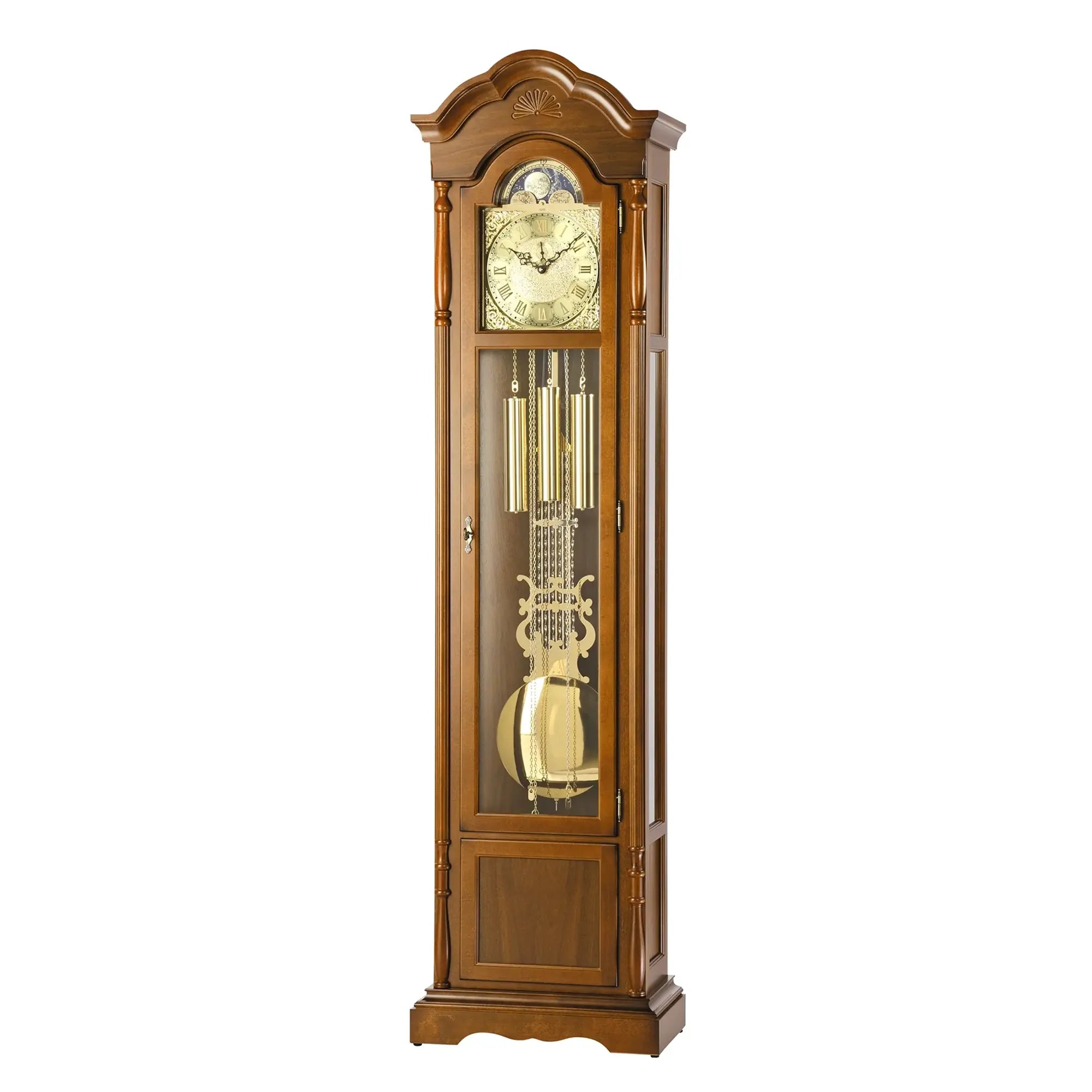 Walnut grandfather clock with glass insert, pendulum fields, and gold pendulum rods