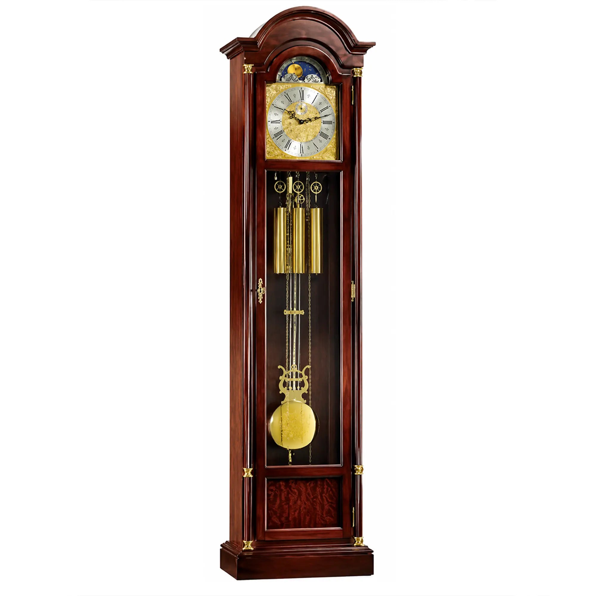 Grandfather clock in dark wood case with movement, golden pendulum, and weights