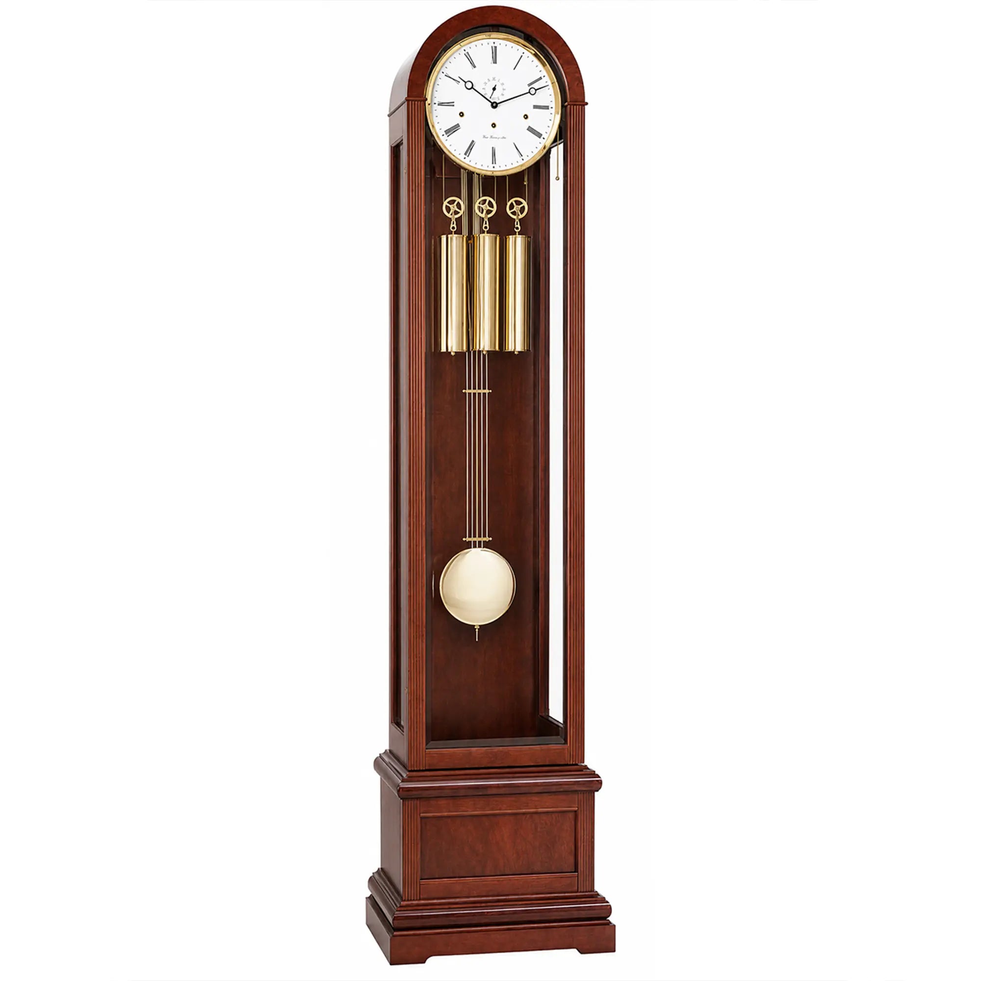 Wooden grandfather clock with glass door, round dial, and golden chime rods