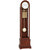 Wooden grandfather clock with glass door, round dial, and golden chime rods