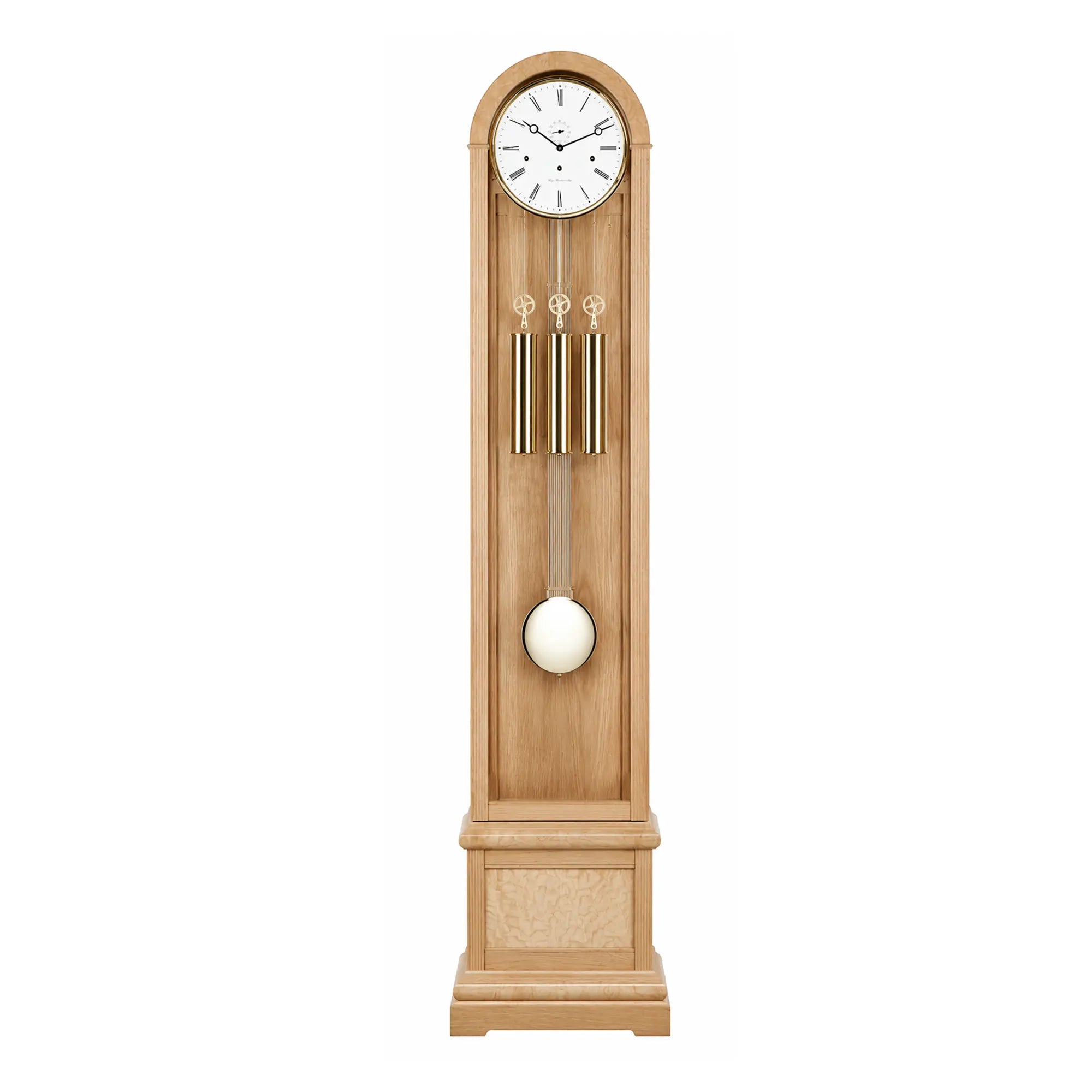 Grandfather clock made of light wood with a round dial, chime rods, and a white knob