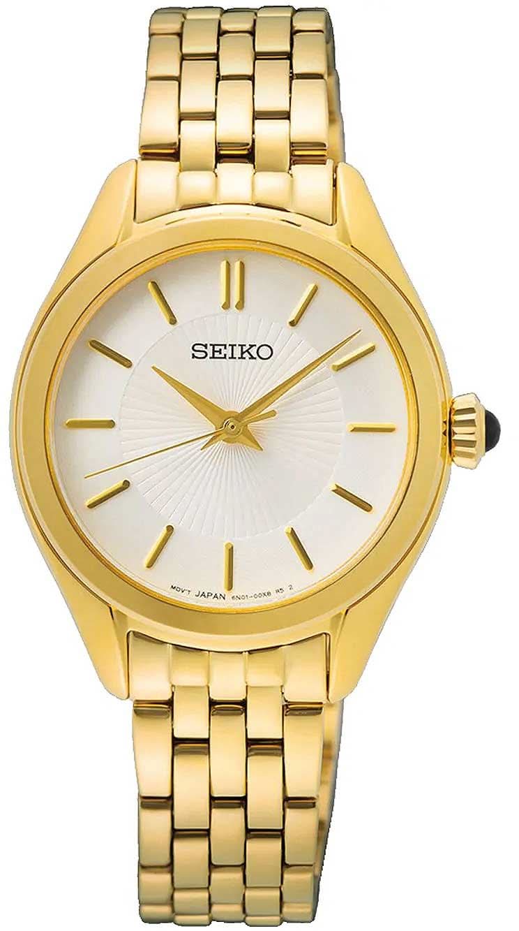 Seiko Conceptual SUR538P1 Women's Watch • Elegant Cabochon Crown • Gold Design