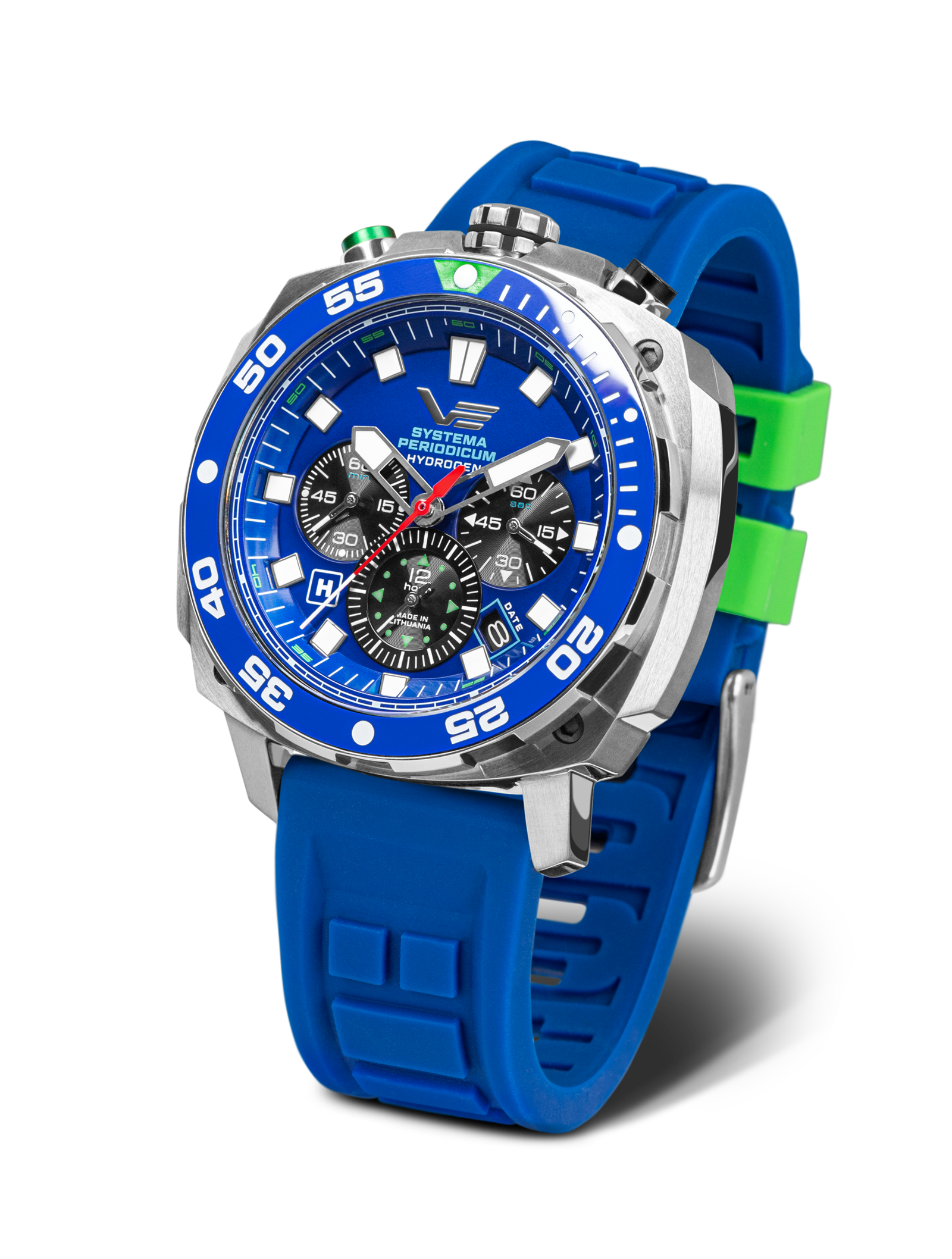 Vostok Europe Herrenuhr mit blauem Silikonarmband, blauem Zifferblatt, silberner Lünette.