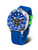 Vostok Europe Herrenuhr mit blauem Silikonarmband, blauem Zifferblatt, silberner Lünette.
