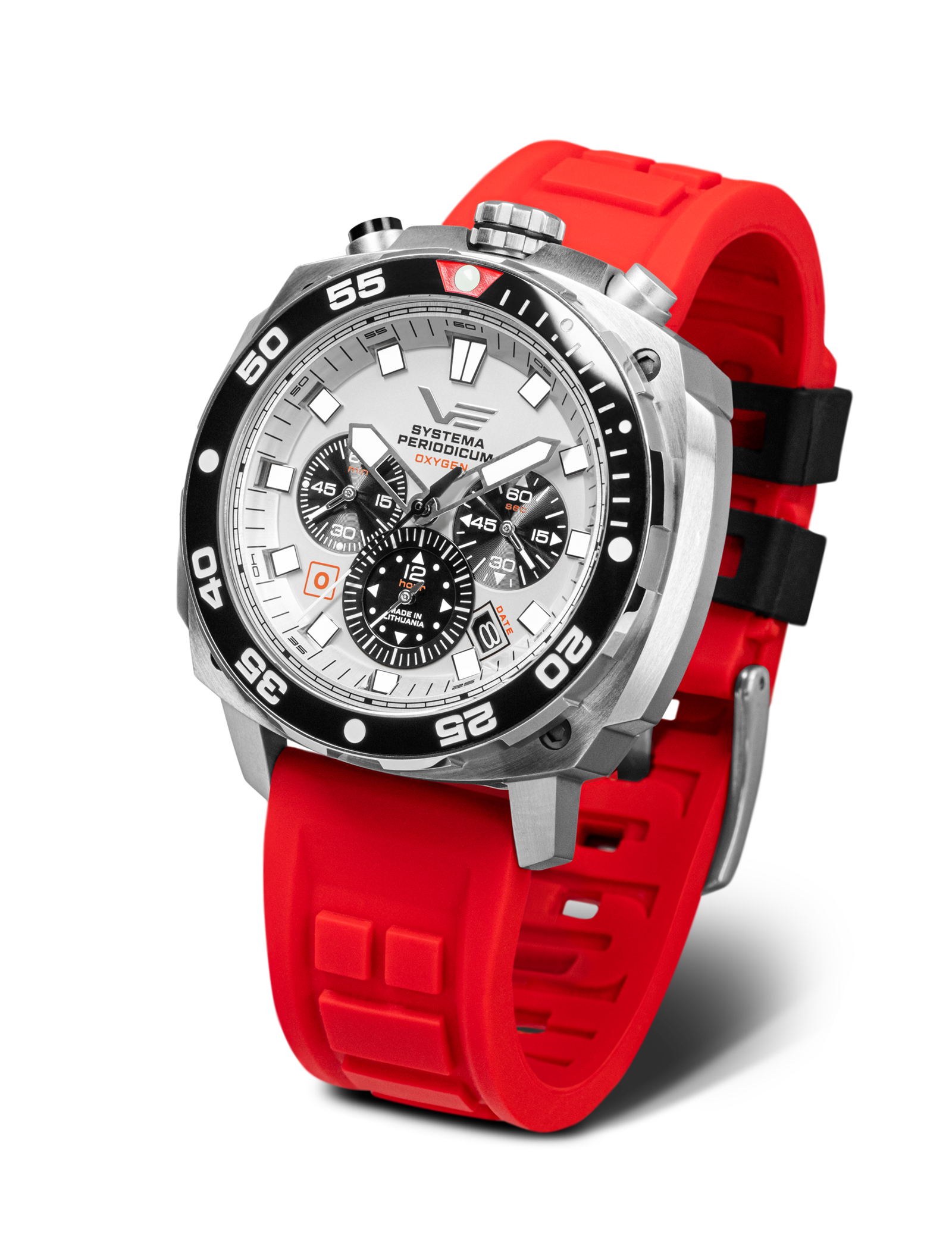 Vostok Europe Herrenuhr: Bullhead-Design, rotes Silikonarmband, silbernes Gehäuse