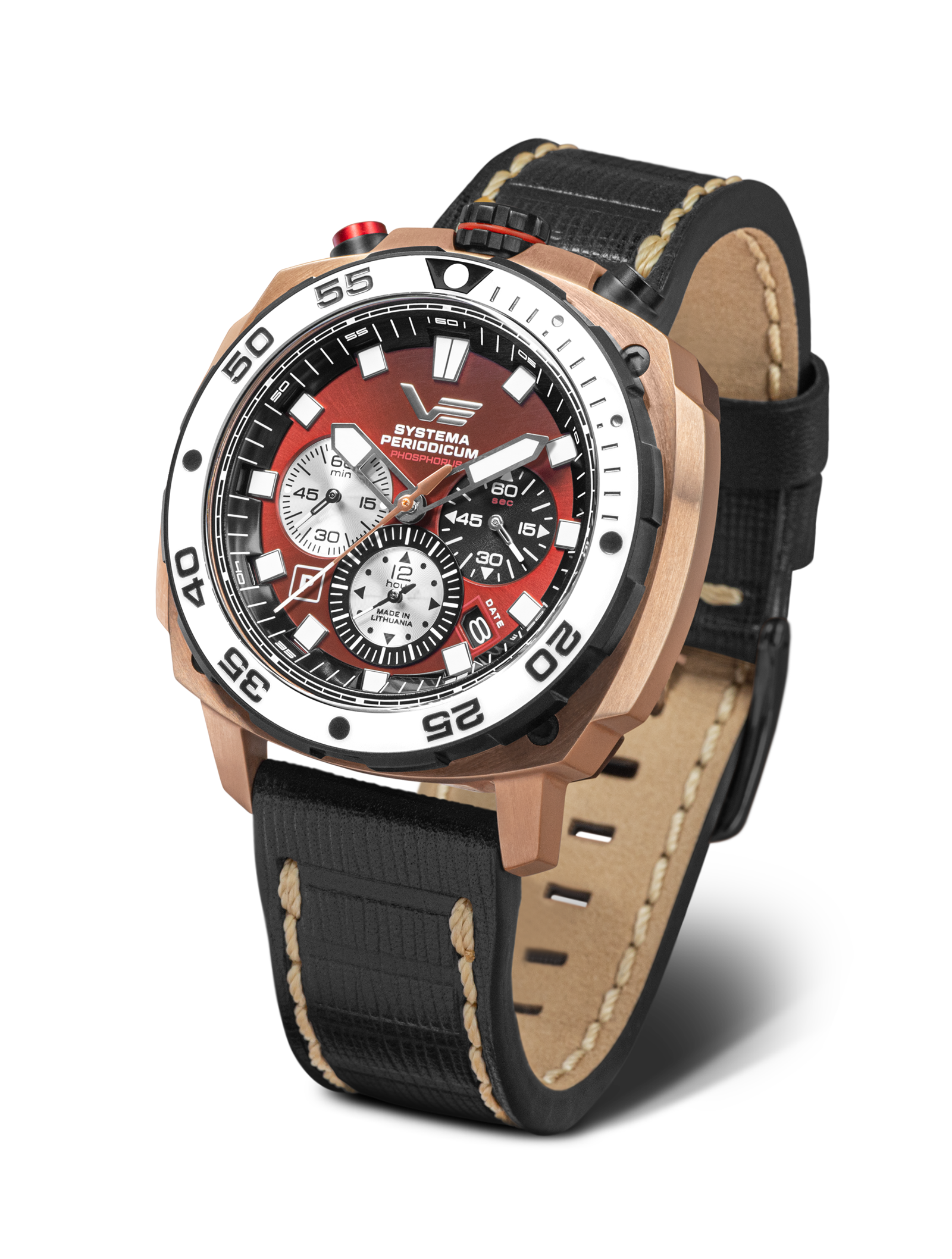 Vostok Europe Herrenuhr mit braunem Lederarmband, rundes Gehäuse, rotes Zifferblatt