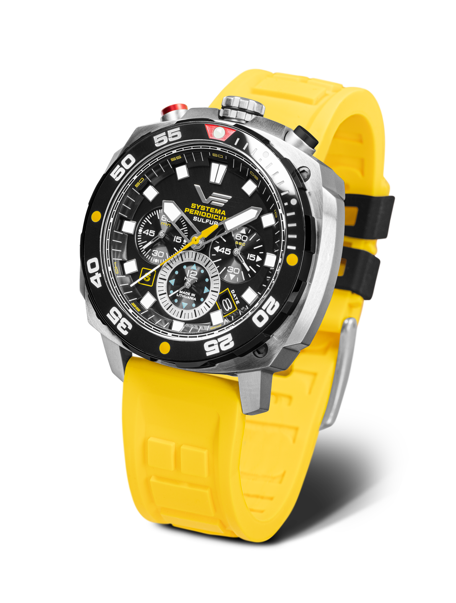 Herrenuhr mit schwarzem Zifferblatt und gelbem Silikonarmband, Chronographen-Optik