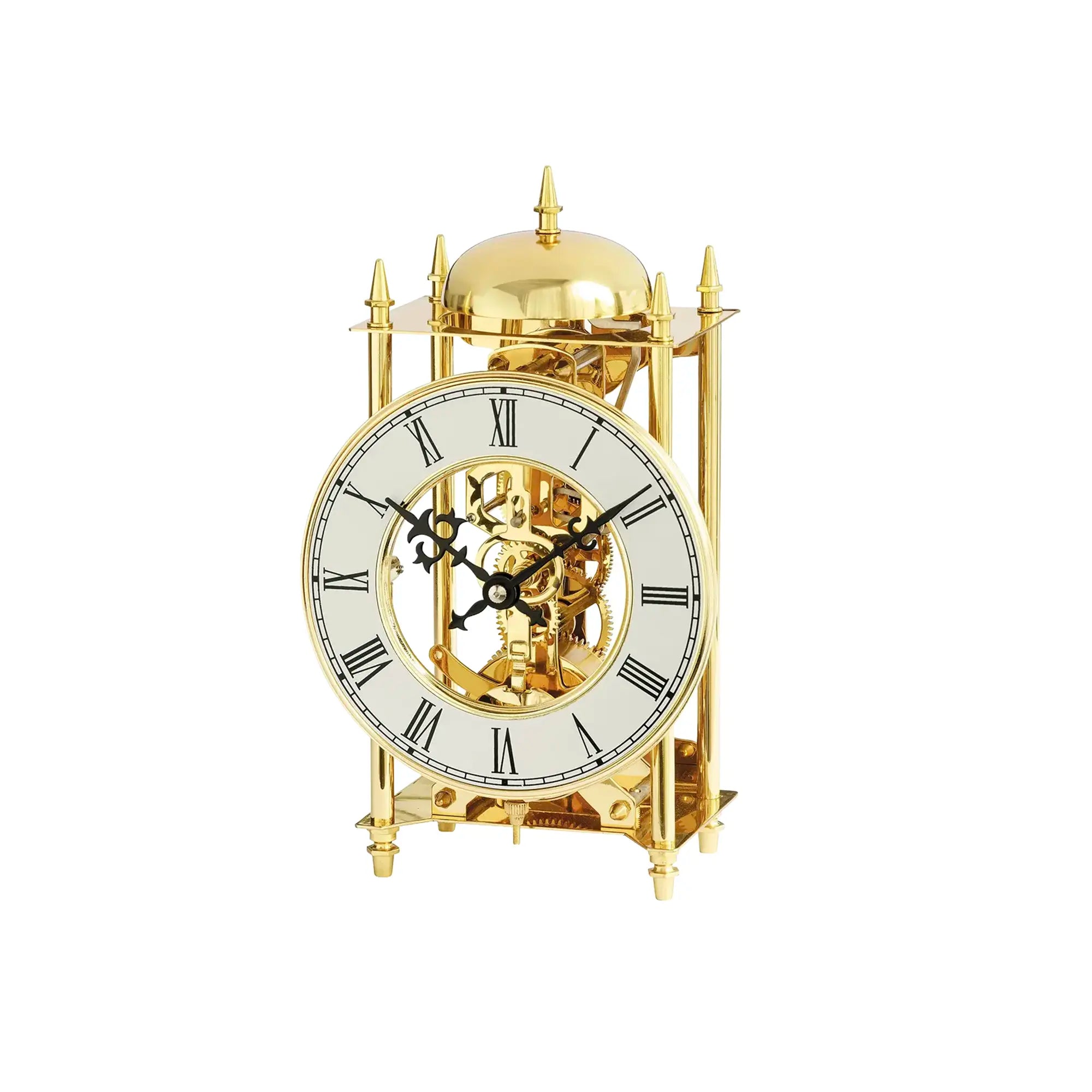 Goldene Tischuhr mit offenliegendem Uhrwerk, römischen Ziffern und rundem Kuppelgehäuse