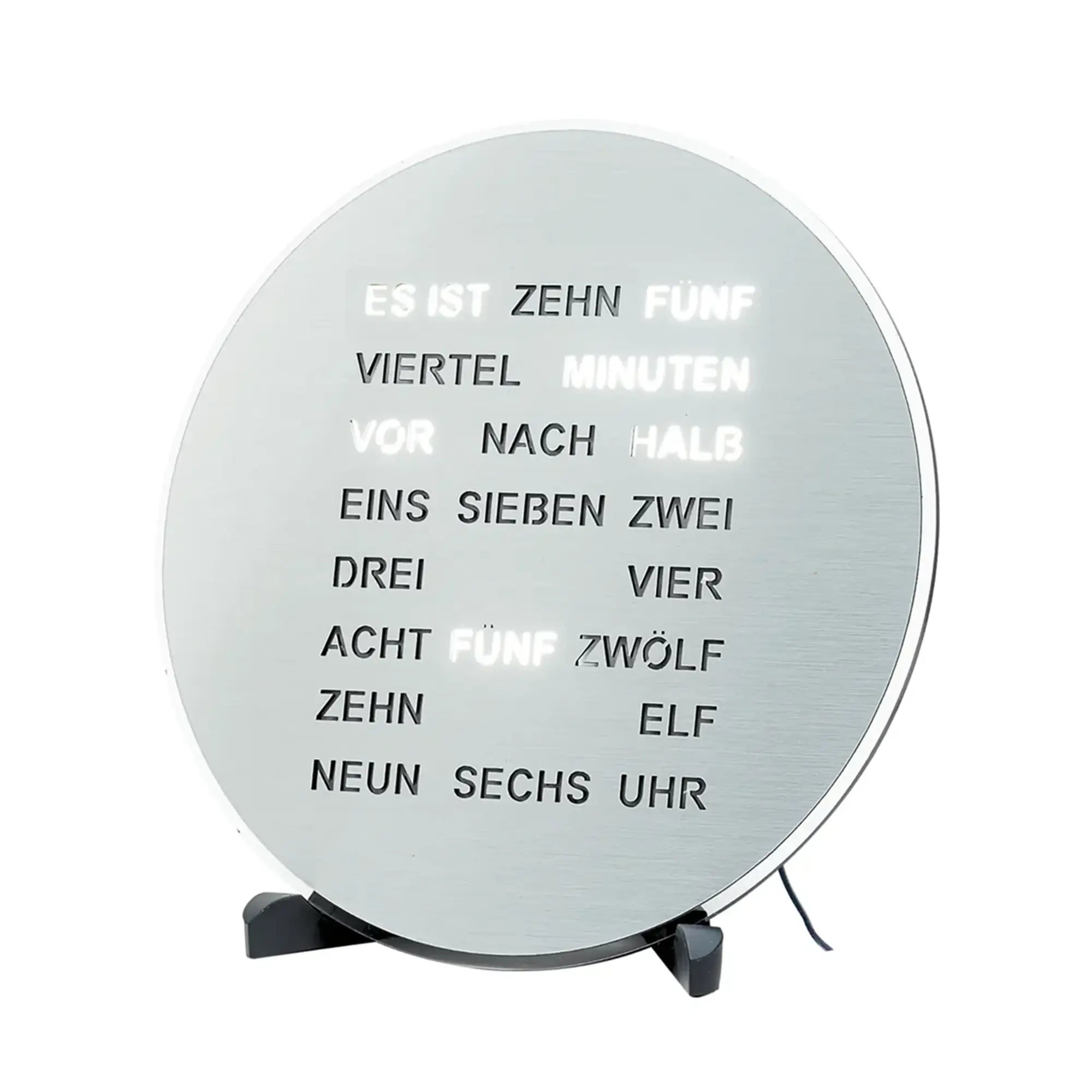 Frontansicht der runden LED-Wortanzeige-Uhr (Alu-Optik) mit Leuchttext und Standfüßen