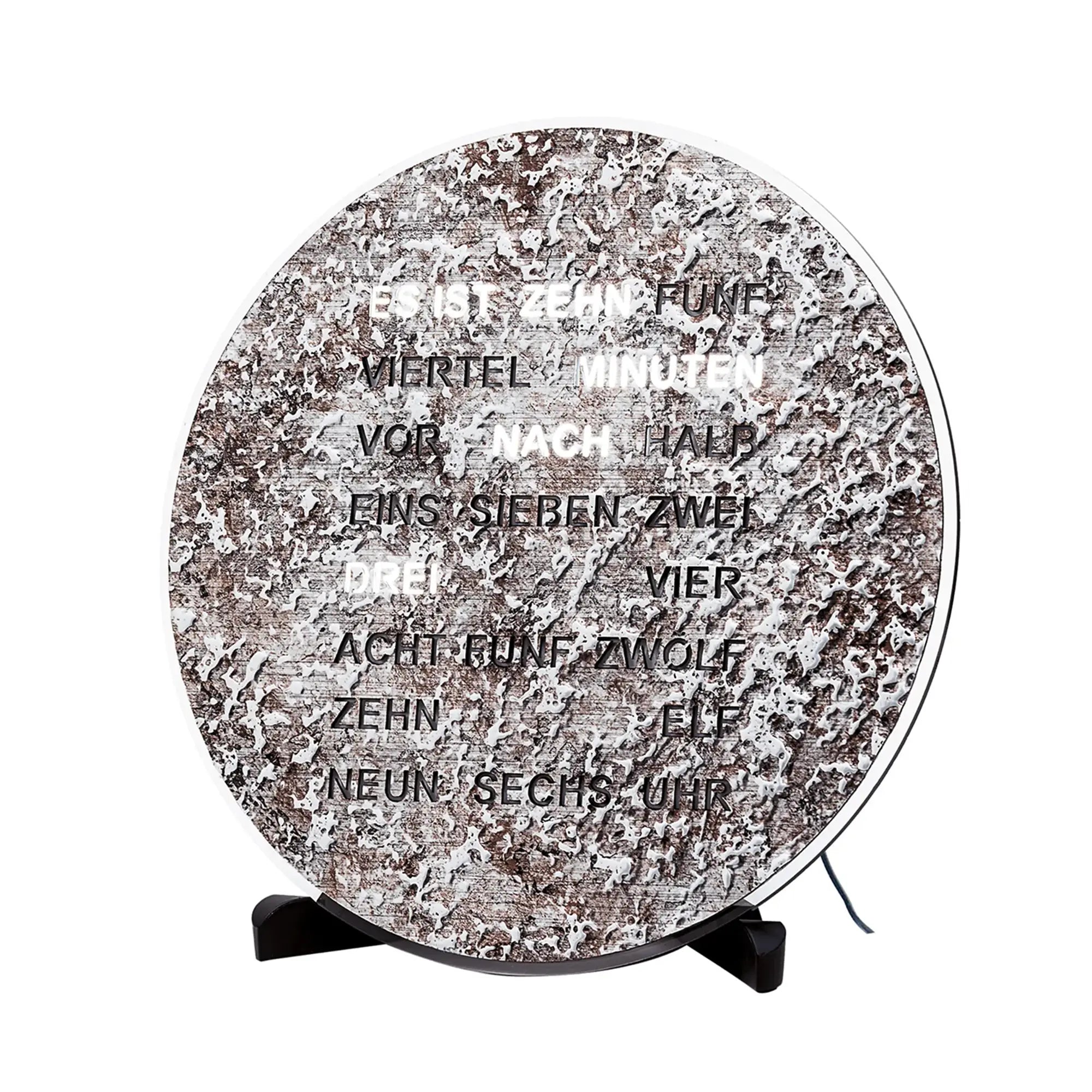 Runde LED-Wortuhr in Metallic-Optik mit Wortanzeige, auf zwei Standfüßen