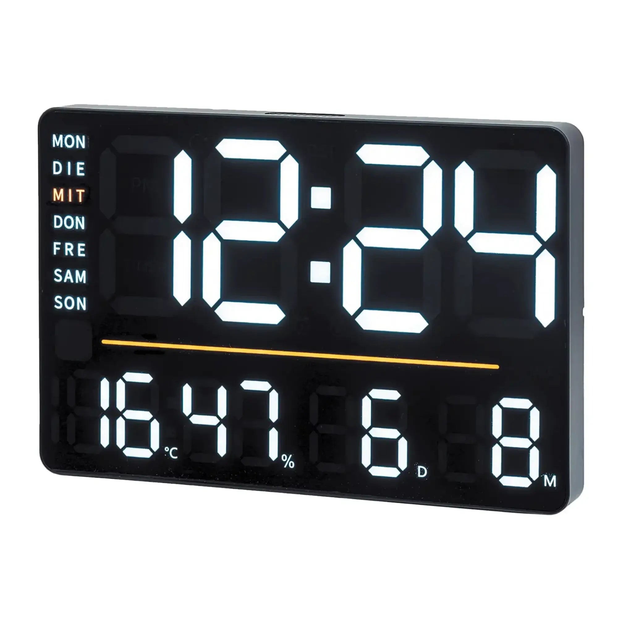 Digital watch with LED display, black, with day display as well as temperature and humidity readings.