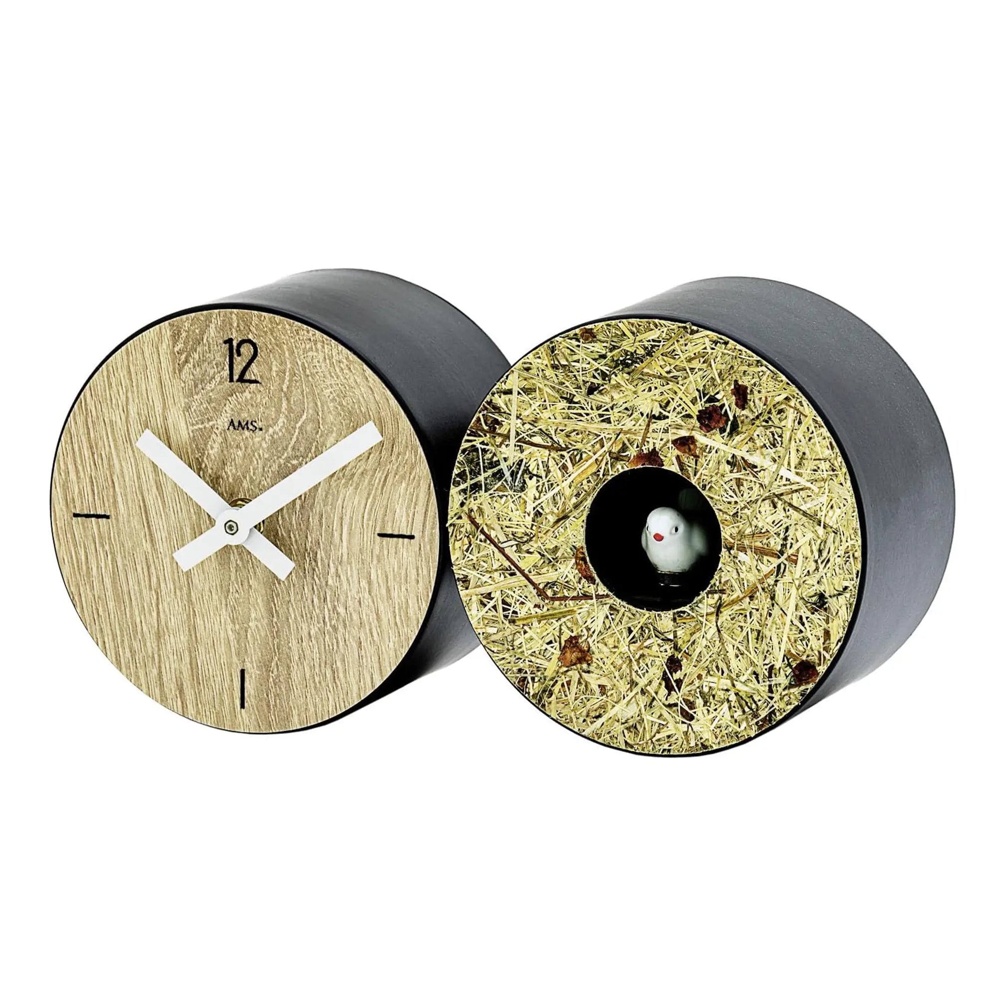 Table clock with wood-look dial, black case, and round bird melody window