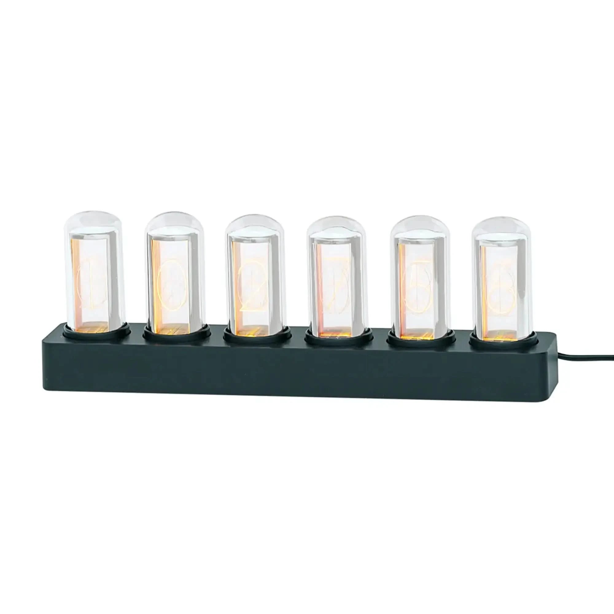 Table clock with six glass tubes, black base, and yellow glowing LED display.