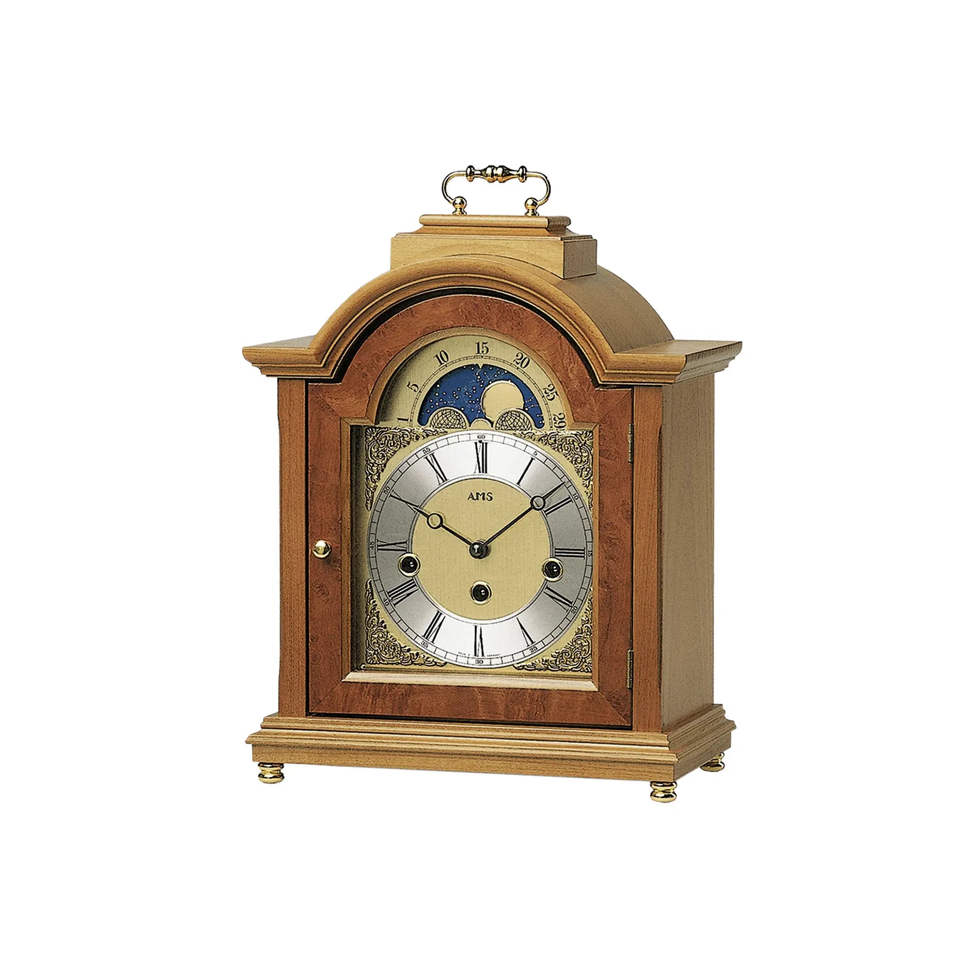 Mechanische Tischuhr aus Kirschbaumholz mit Mondphasen-Fenster und römischen Ziffern