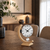 Table clock with round wooden frame in beech, white dial with Roman numerals and pendulum