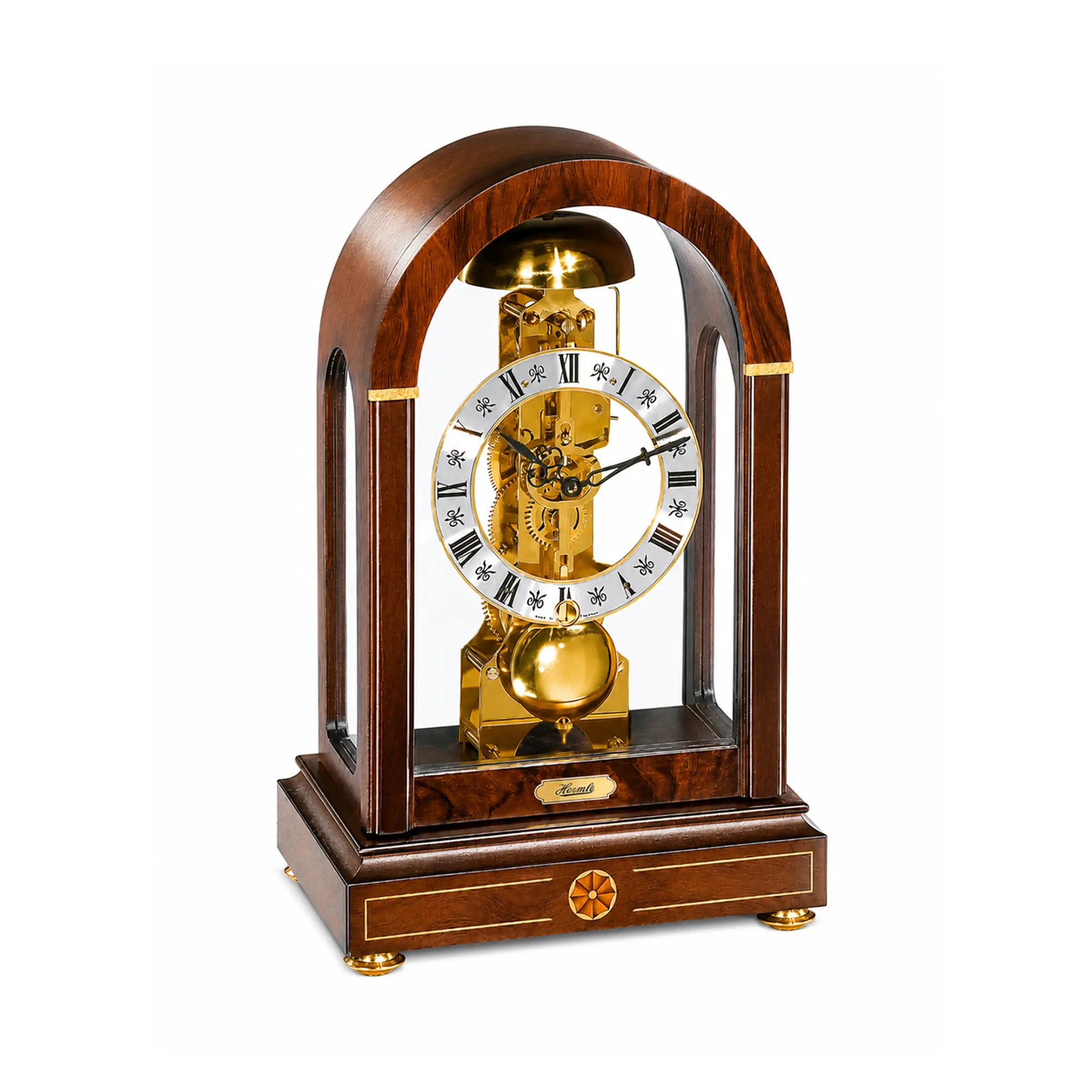 Wooden table clock with glass frame and gold-colored movement, Roman numerals