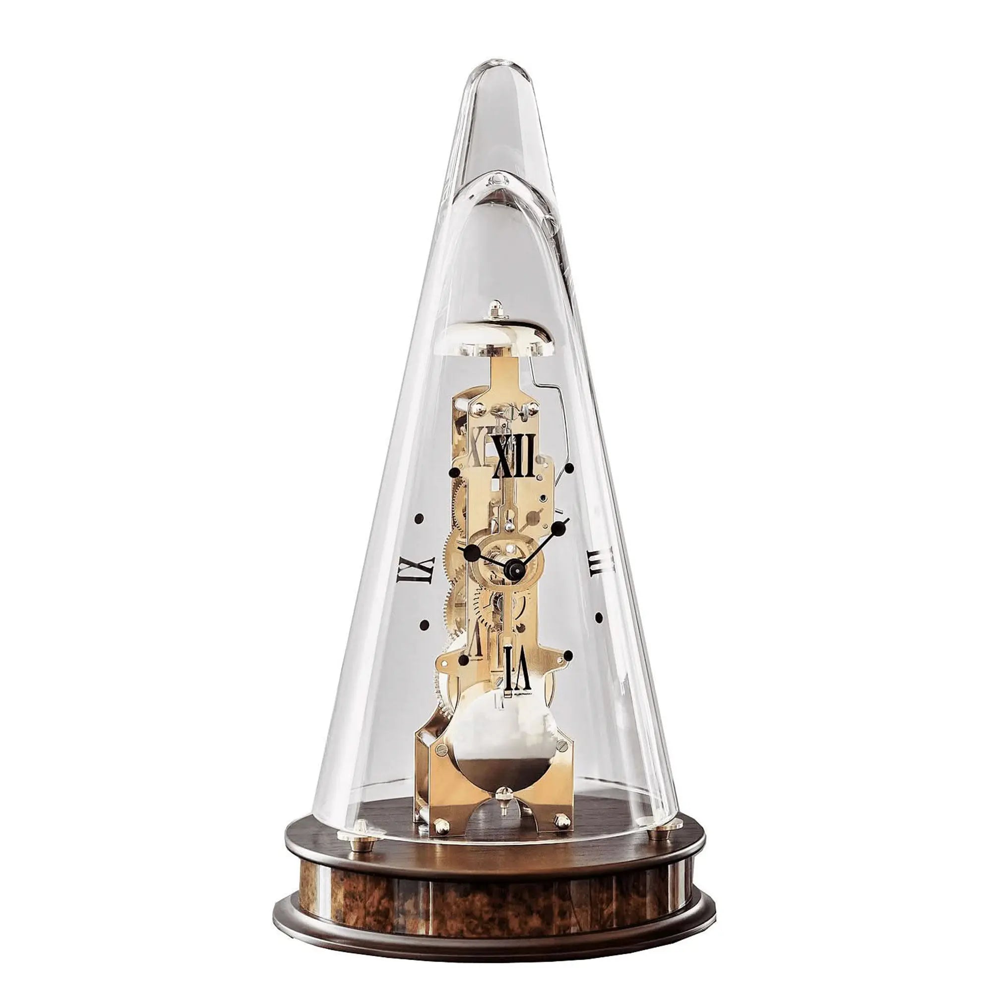 Skeleton clock with glass dome, wooden base, and Roman numerals