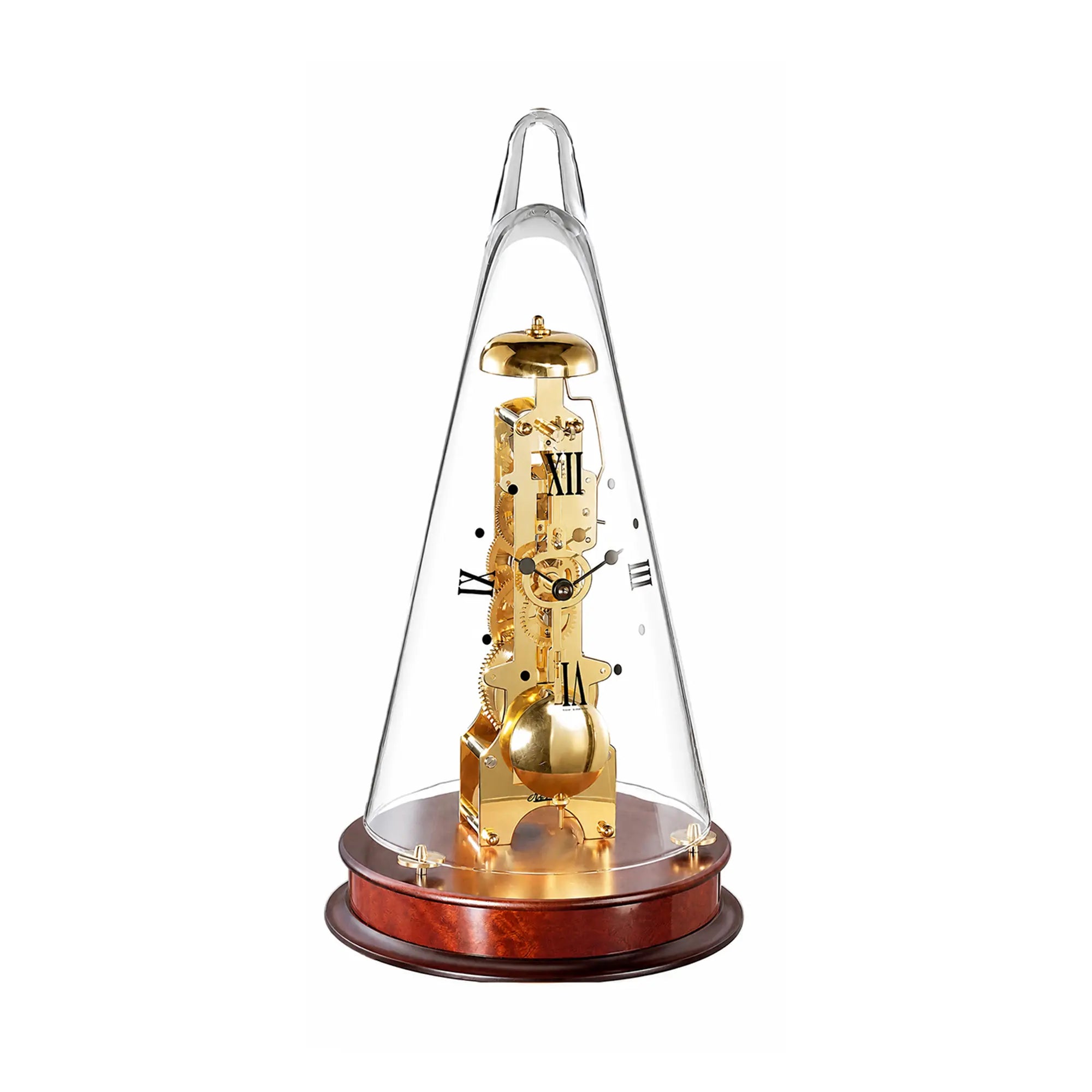 Cloche table clock with glass dome, golden movement, and wooden base with Roman numerals