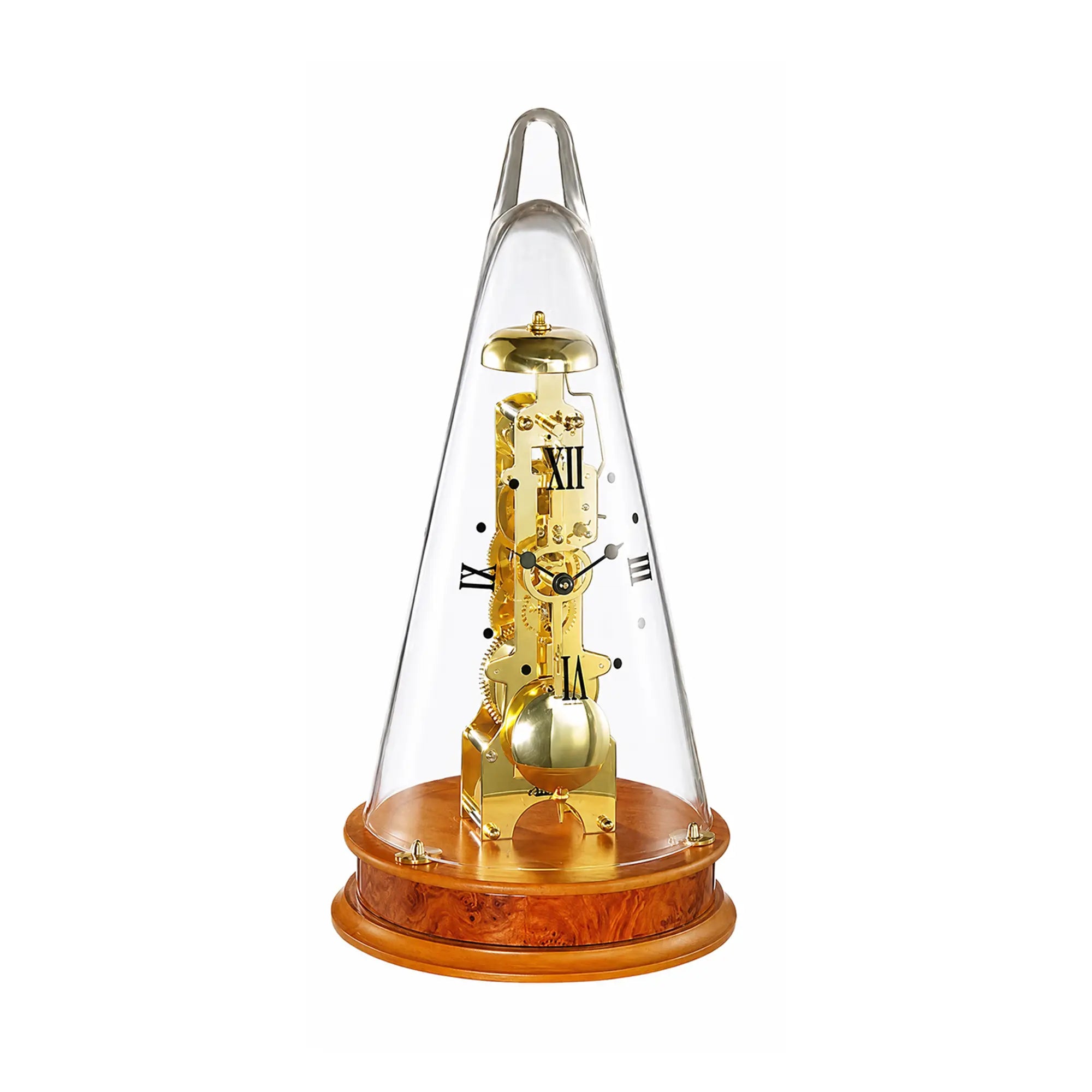 Table clock with transparent glass case, gold-colored mechanism, and round wooden base