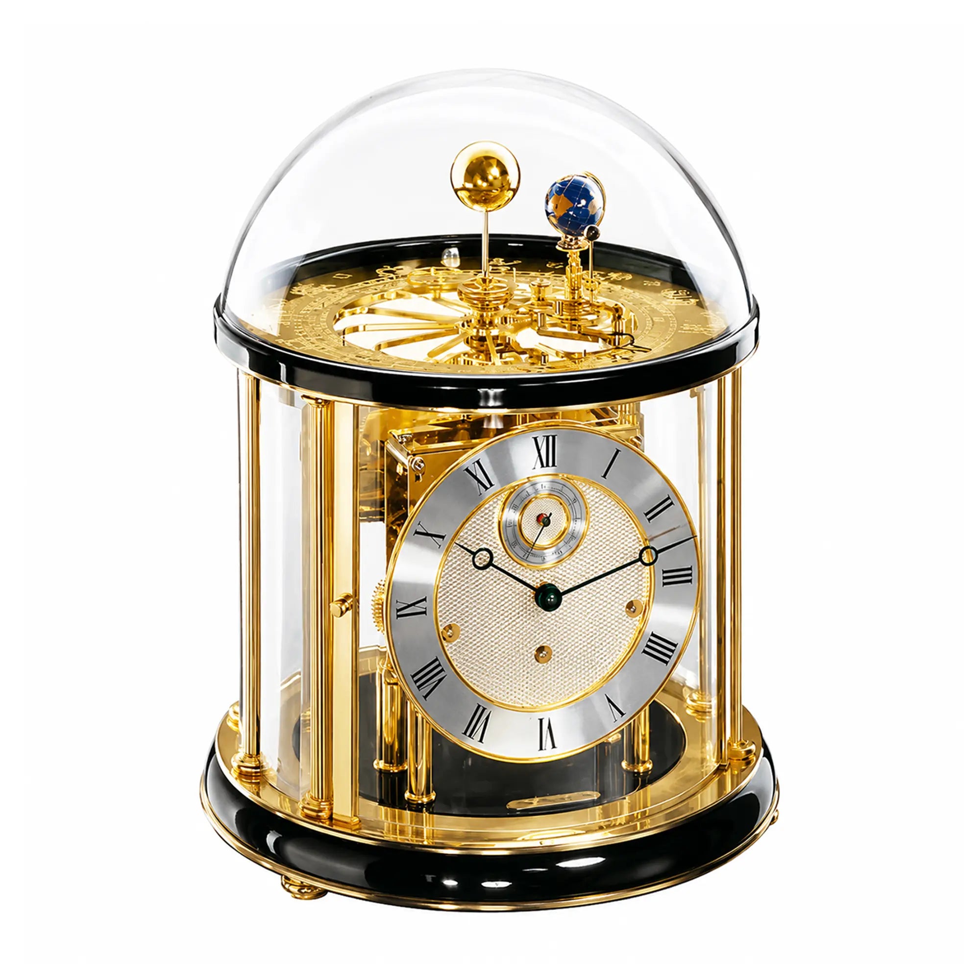 Table clock with glass dome, gold-colored frame, black base; Roman numerals on the dial